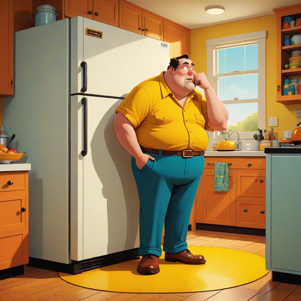 Classic Cartoon Man Scratches Head in Cozy Kitchen