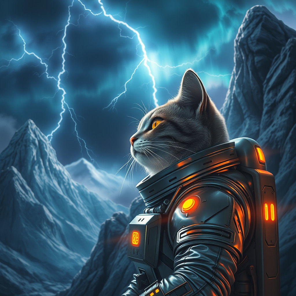 Cat in Spacesuit Hiding Behind Ice Mountains