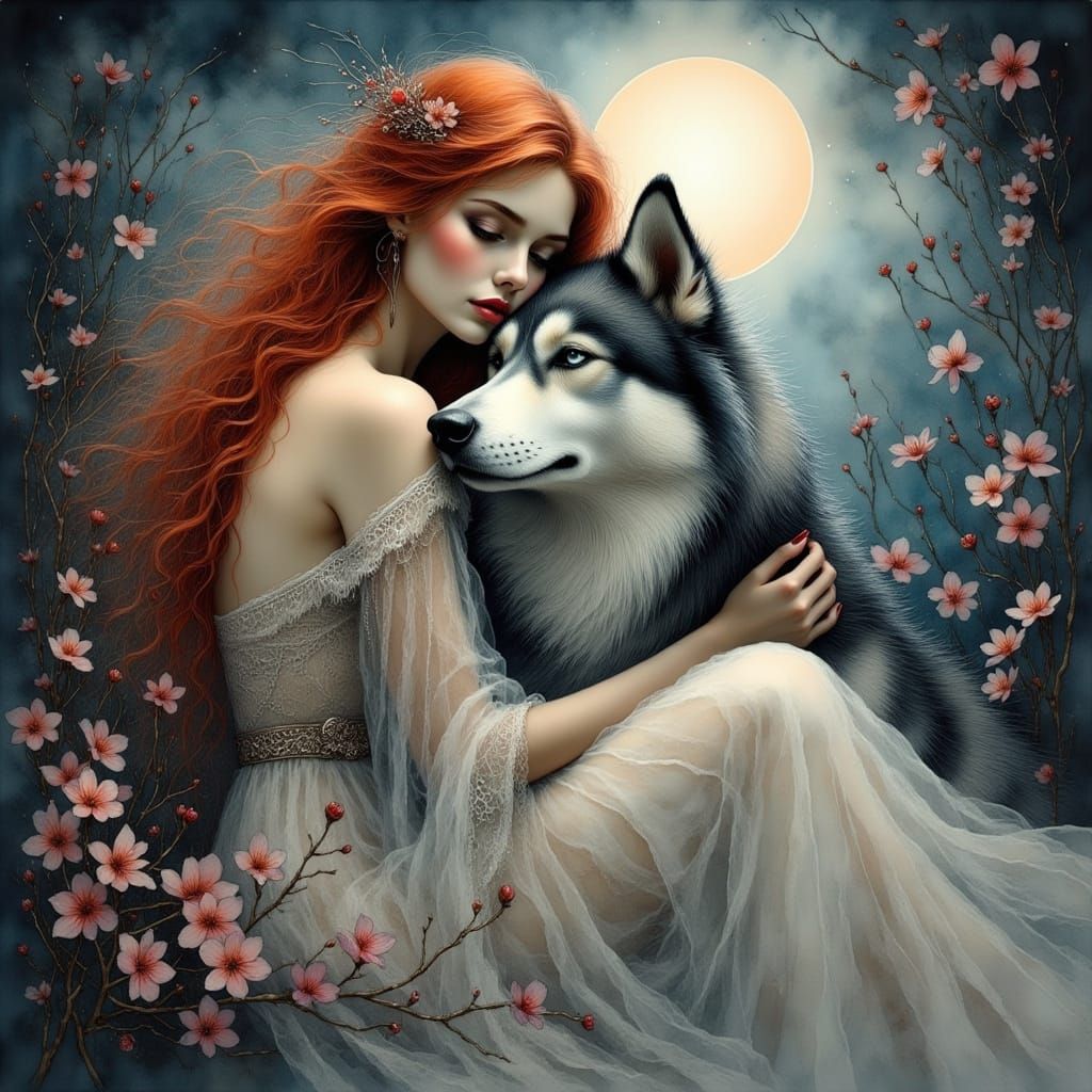 Dreamlike Woman with Husky in Acrylic and Chalk Style