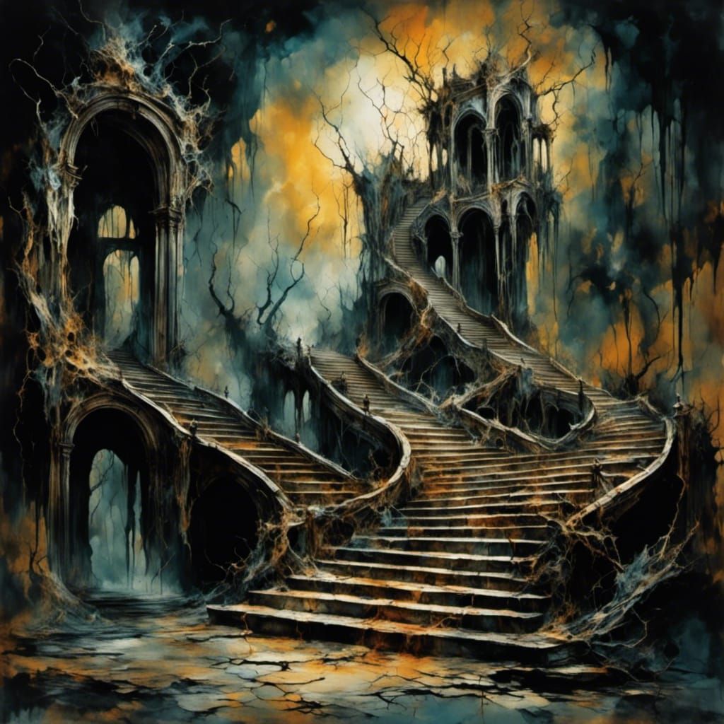 Surreal Staircase to Doom: Dali-esque Oil Painting