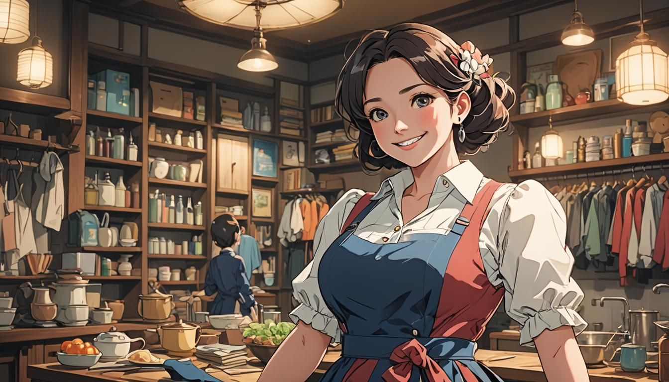 Smiling Housewife in Anime Style with Deep Colors