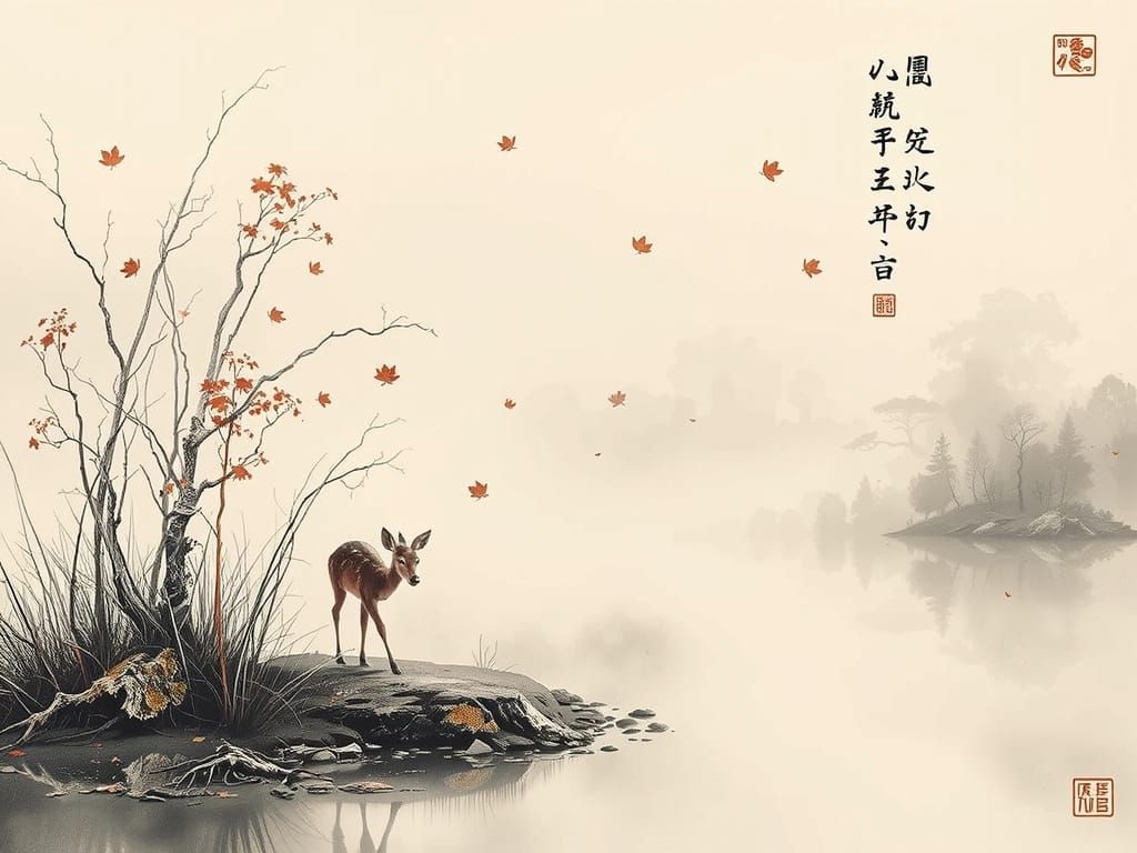 Gentle Doe in Misty Forest, Sumi-e Style