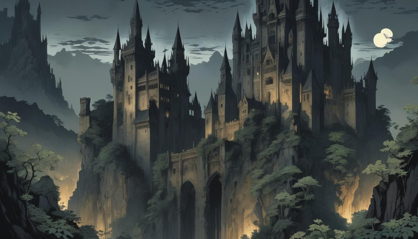 Gothic Castle Tower in Ukiyo-e Style