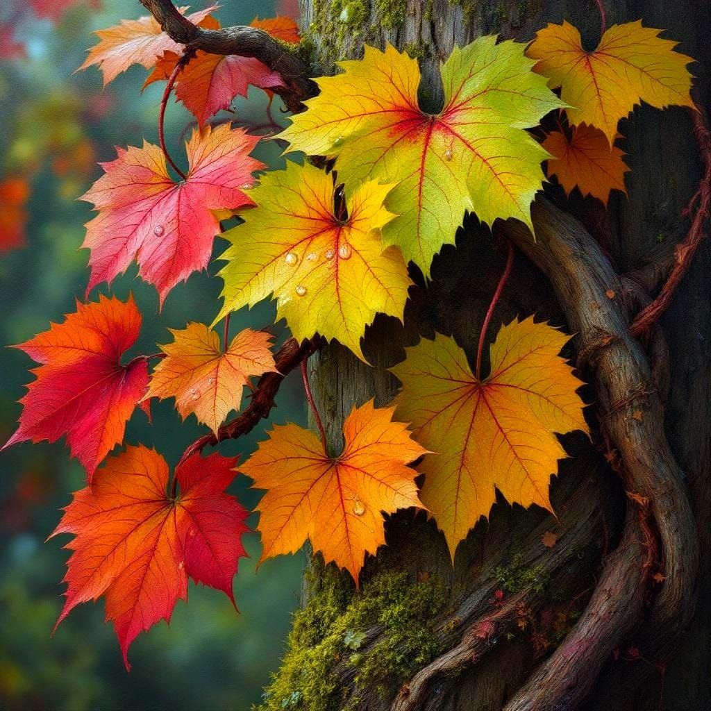 Autumn Grapevine Oil Painting with Vibrant Leaves