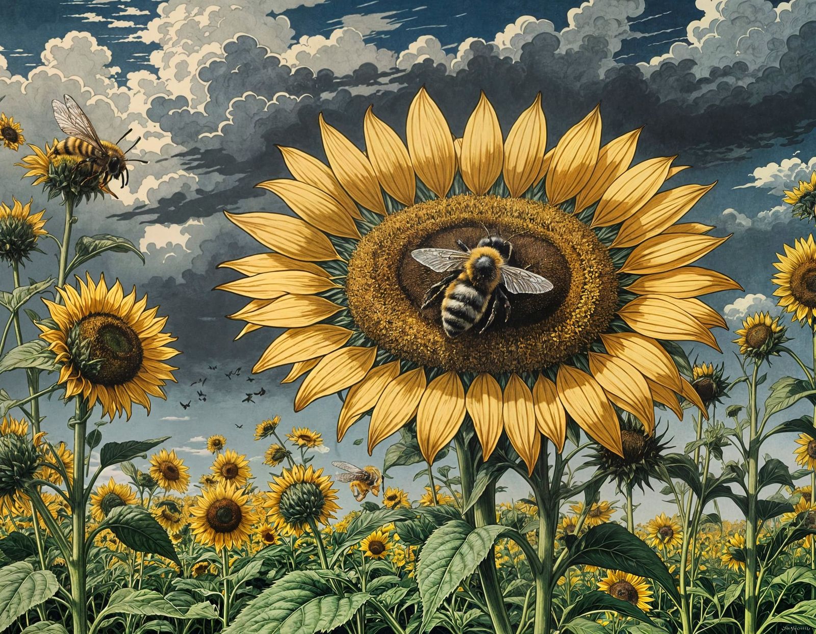 Worker Bee Pollinating Sunflower in Ukiyo-e Style