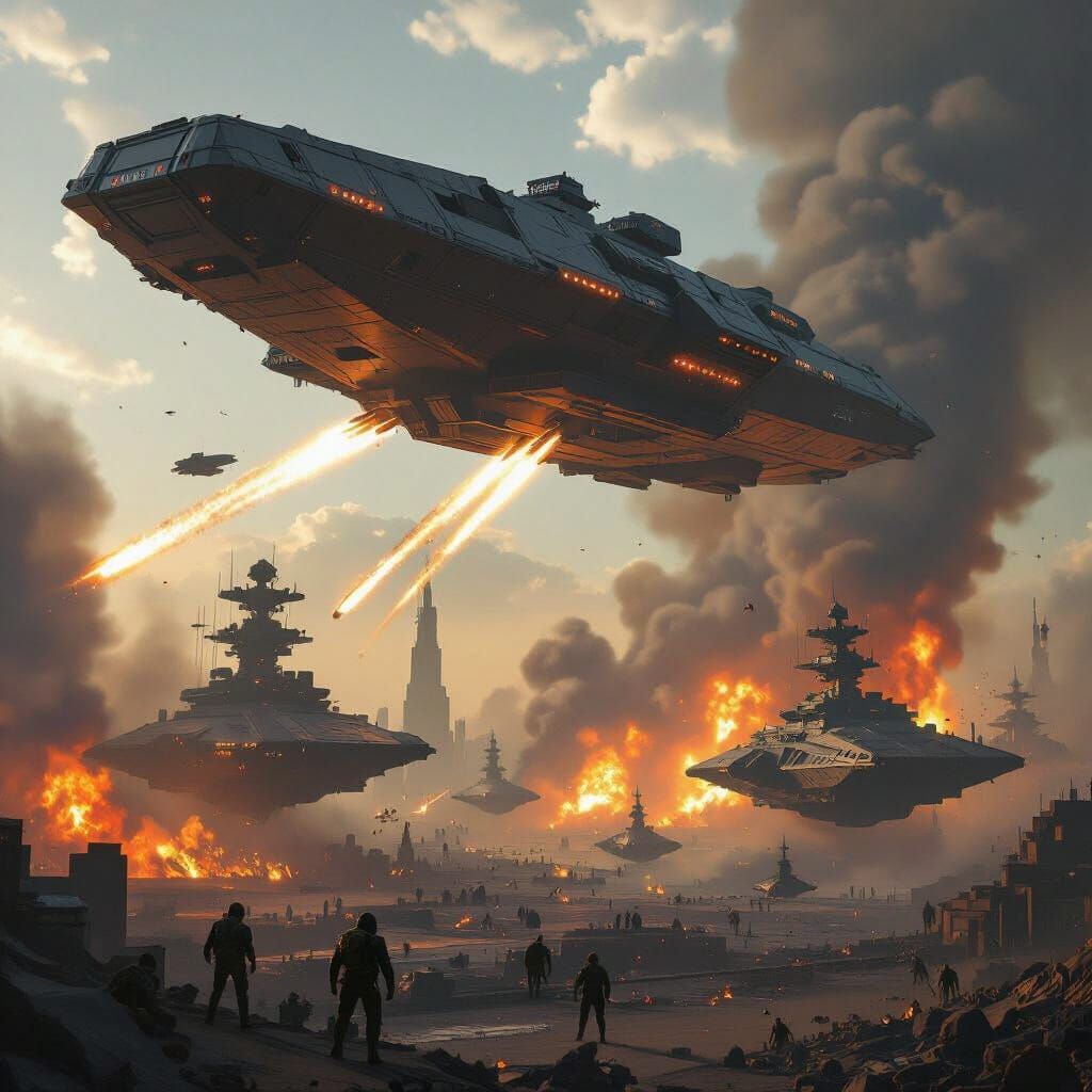 Massive Battleship Fires on Scorched Alien City