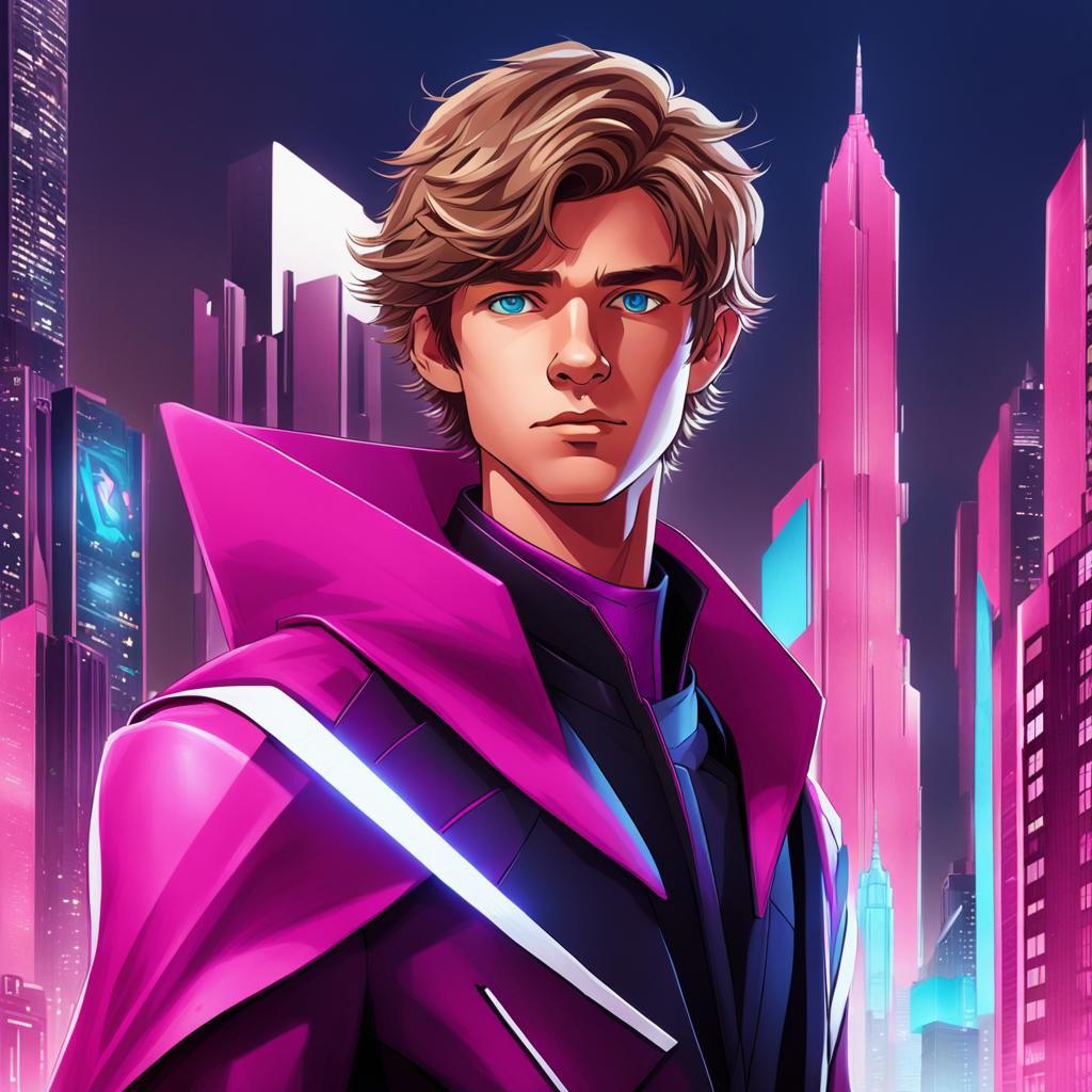 Teen Superhero in Futuristic City, Detailed Matte Painting