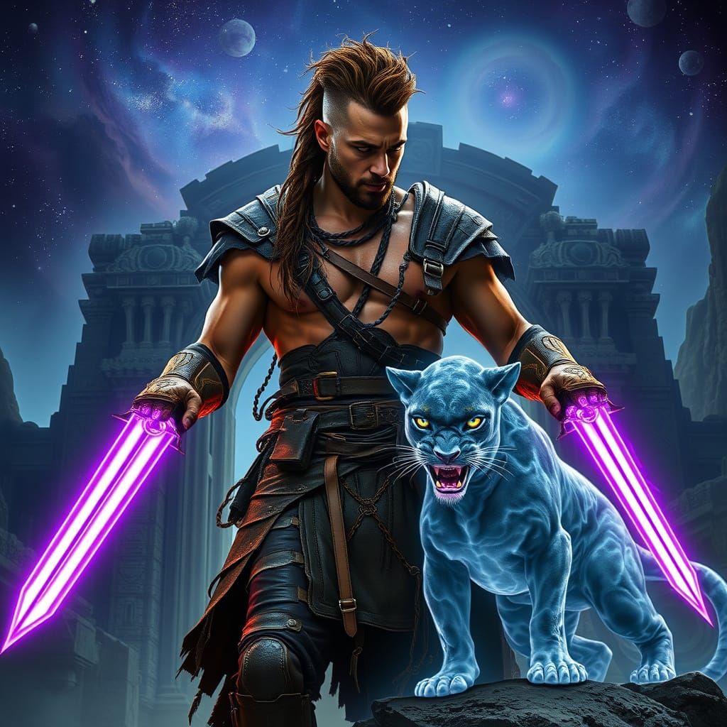 Cosmic Warrior and Panther in Nebula Twilight