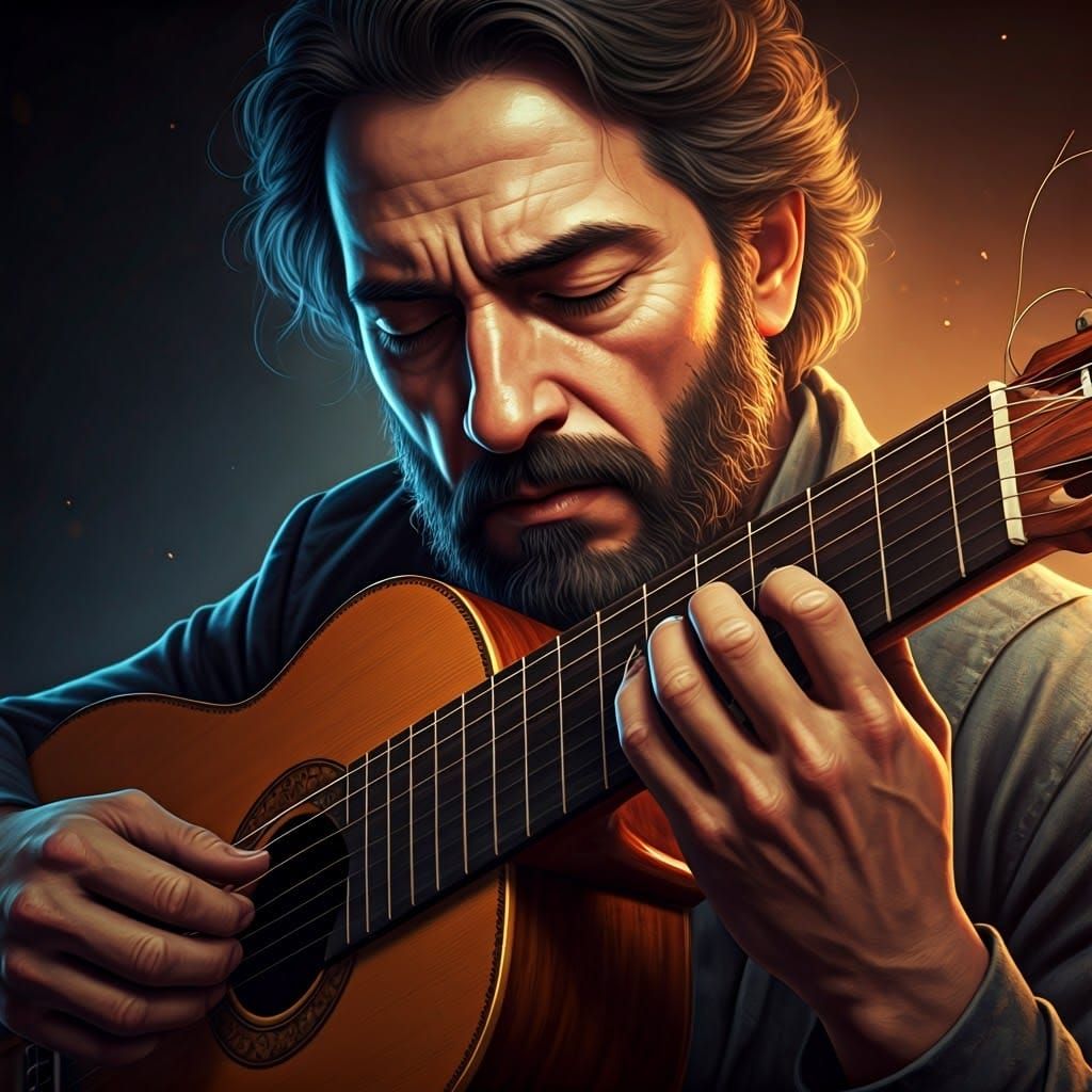 Emotive Musician Plays Broken Guitar in Dramatic Lighting