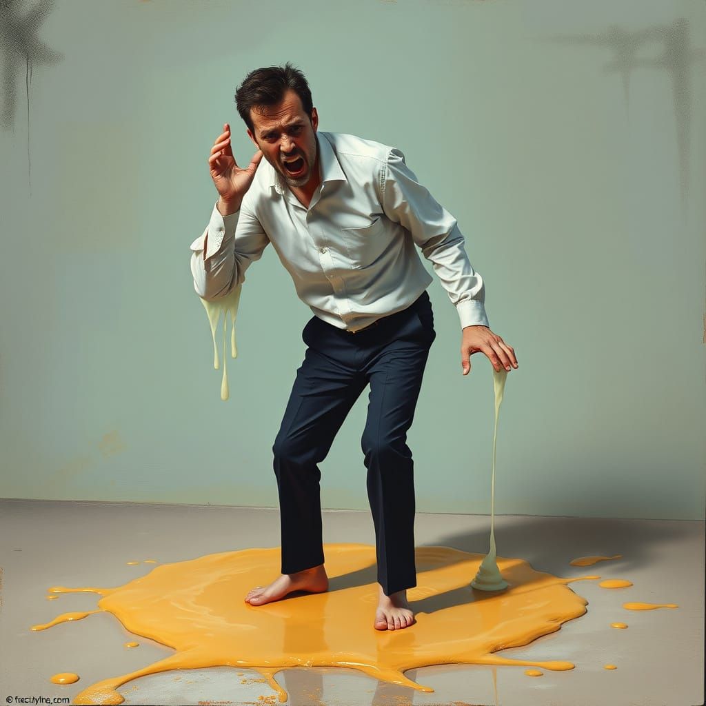 Man Struggling to Escape Sticky Glue Puddle in Vibrant Every...