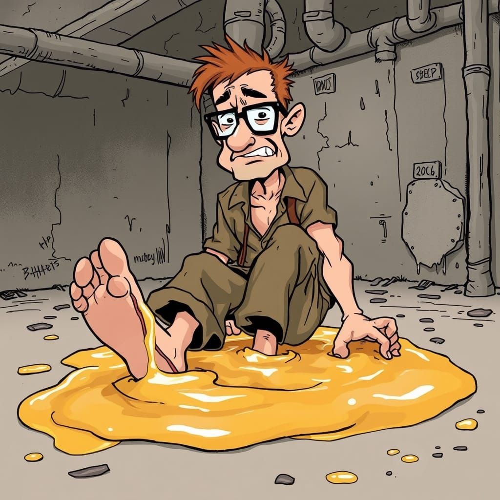 Man Stuck in Gooey Glue with Embarrassed Expression