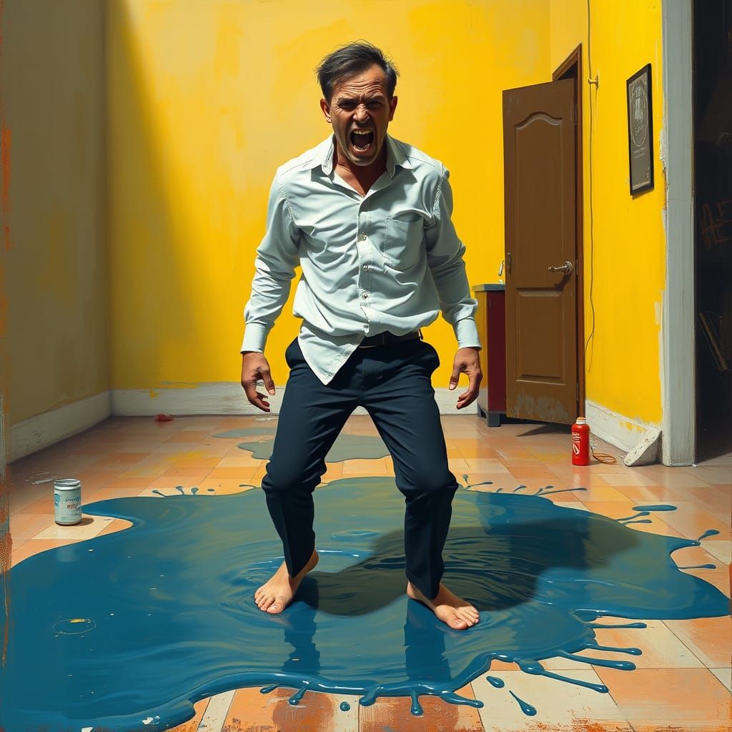 Frustrated Man Trapped in Sticky Glue