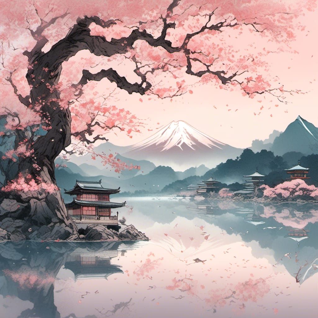 Sakura Tree by Lake in Hokusai Ukiyo-e Style