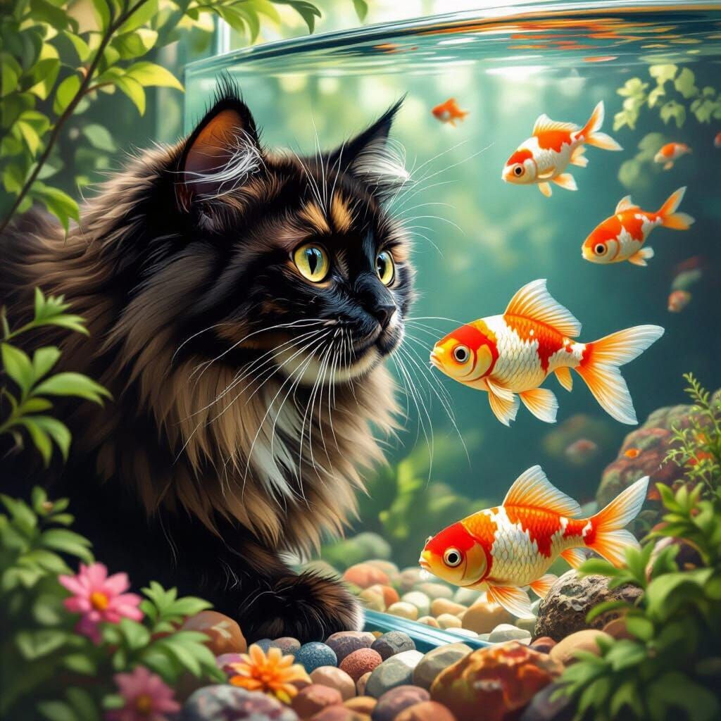 Selkirk Rex Cat Observes Koi Fish in Aquarium