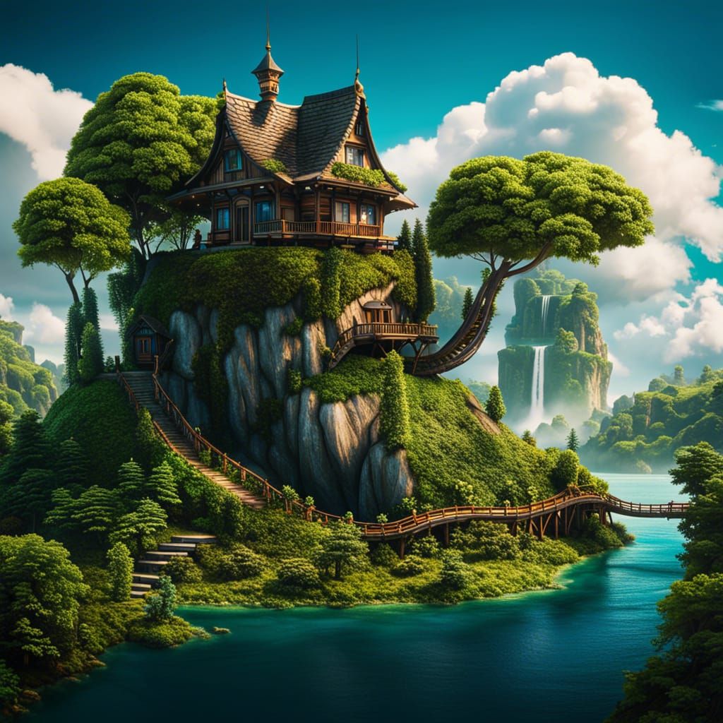 Fairytale Windmill and Cottage on Floating Island