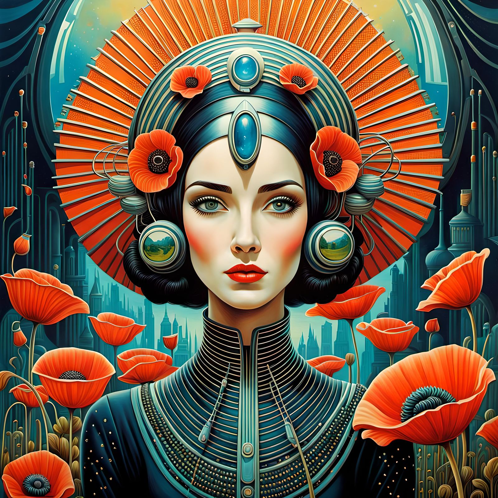 Poppy Woman in Retro-Futuristic Art Deco Style