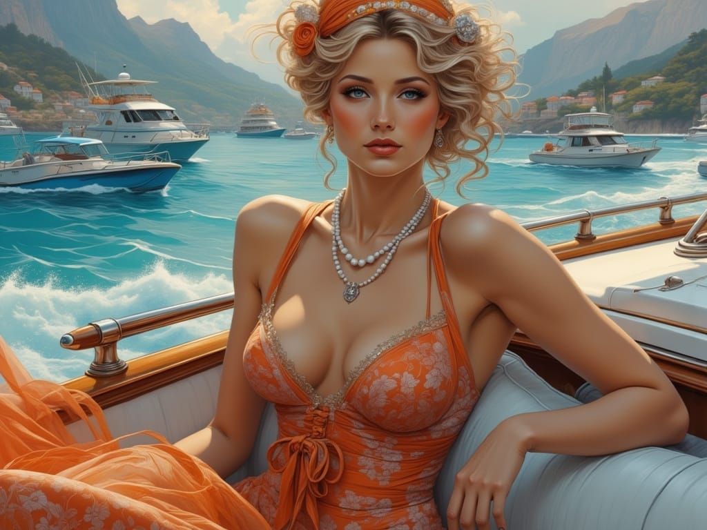 Elegant Woman on Riva Boat off Capri in Dramatic Realism