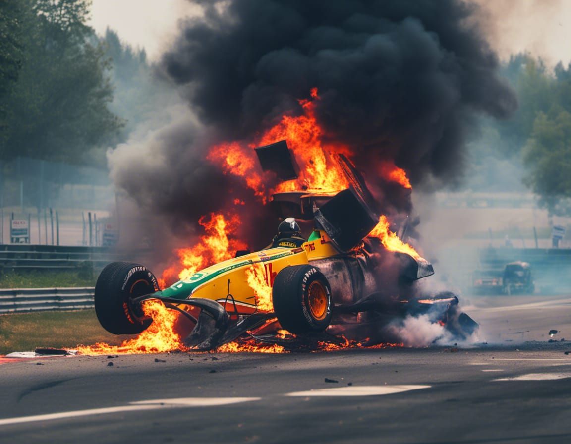 Formula One Car Crash Catastrophe in Photographic Style