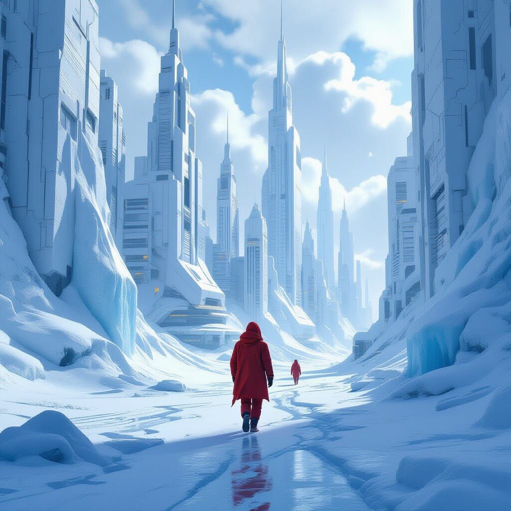 Futuristic Icy City with Figure in Red