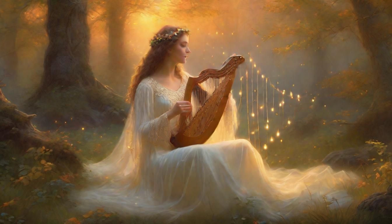 Ethereal Druid Playing Lyre in Misty Forest