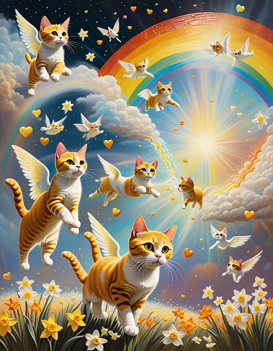 Cat Angels Fly on Rainbow Sky in Renaissance Style
