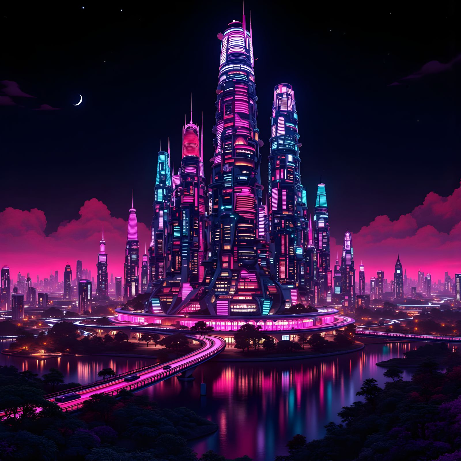 Cyberpunk Metropolis with Neon Trees and Architecture