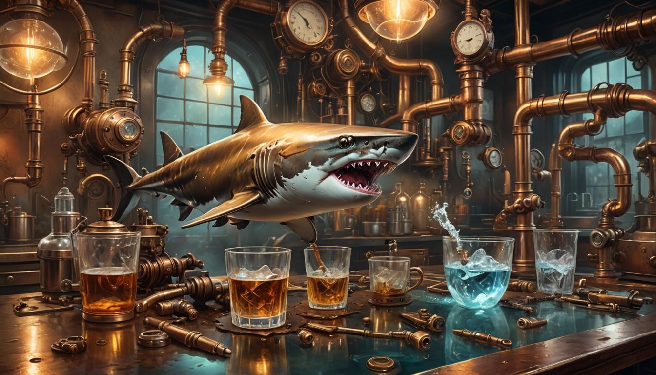 Shark in Steampunk Kitchen: Hyperrealistic Concept Art