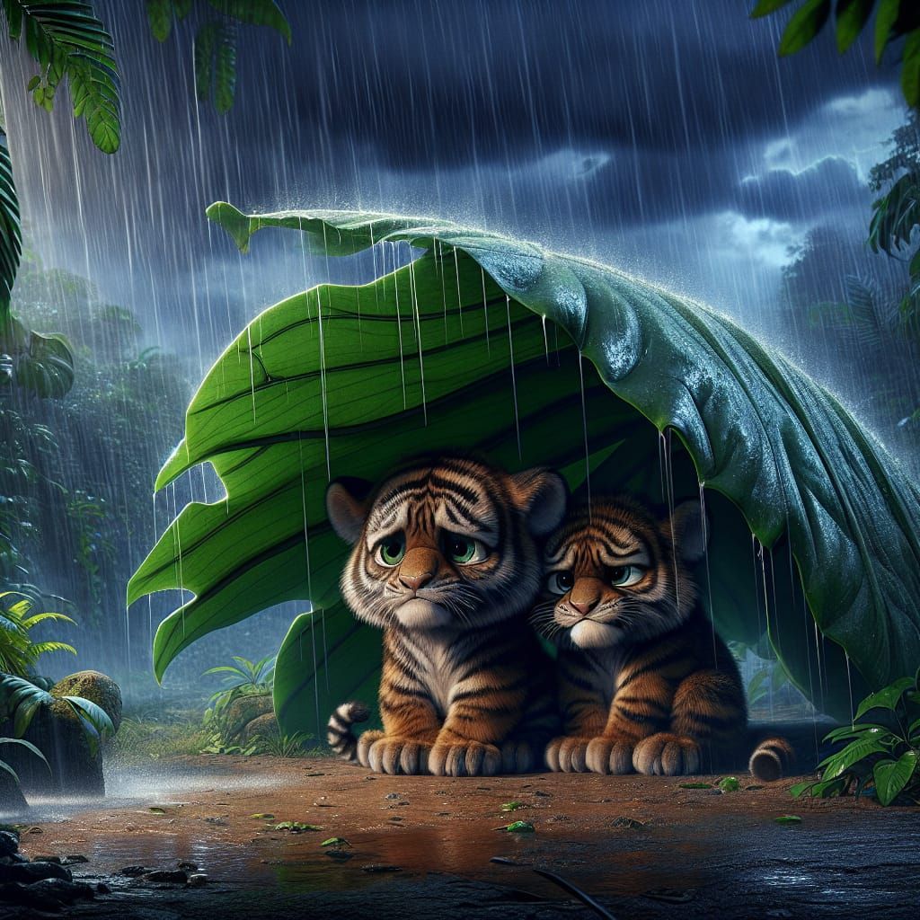 Grumpy Tiger Cubs Shelter from Rain: Animated Style
