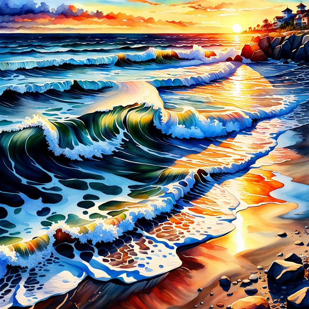 Watercolor Beach Sunset with Shimmering Waves
