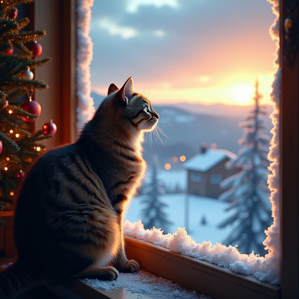 Cat Gazing at Winter Landscape through Christmas Window