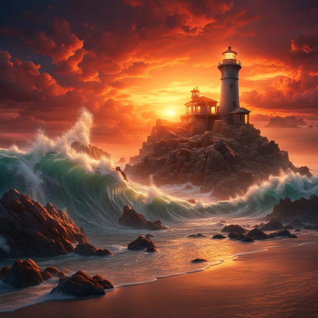 Epic Sunset on Lighthouse Beach in Matte Painting Style