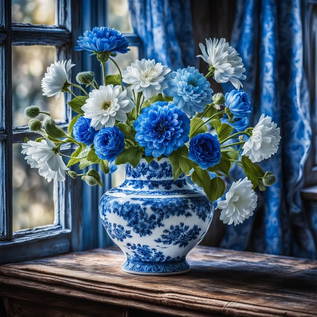 Vibrant Blue and White Floral Masterpiece in Impressive 8K