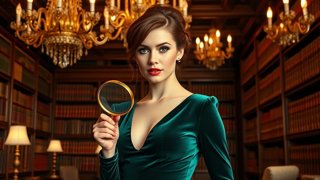 Elegant Socialite in Library, Classic Hollywood Portrait