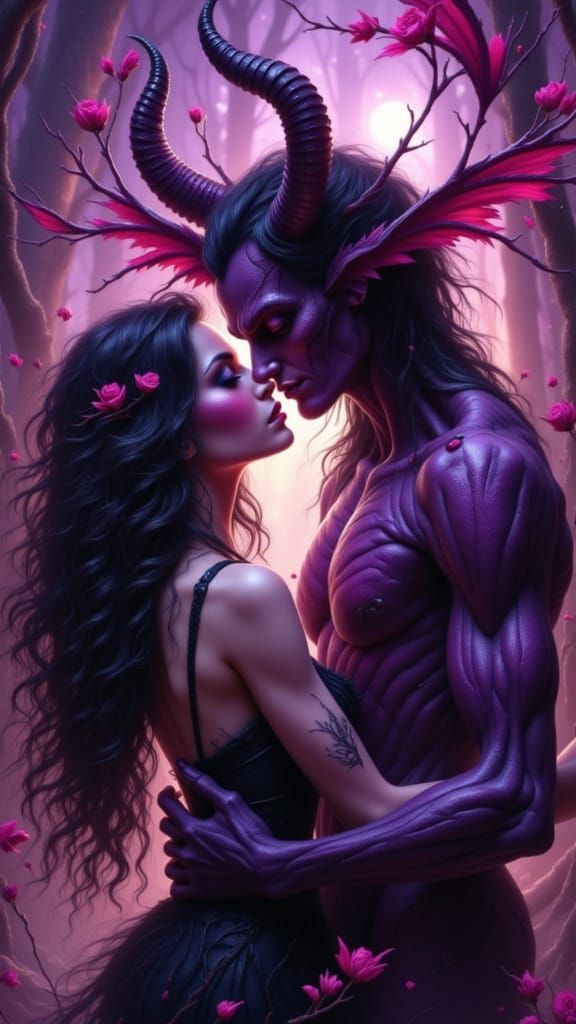 Woman Embracing a Demon in Dark Fantasy Style