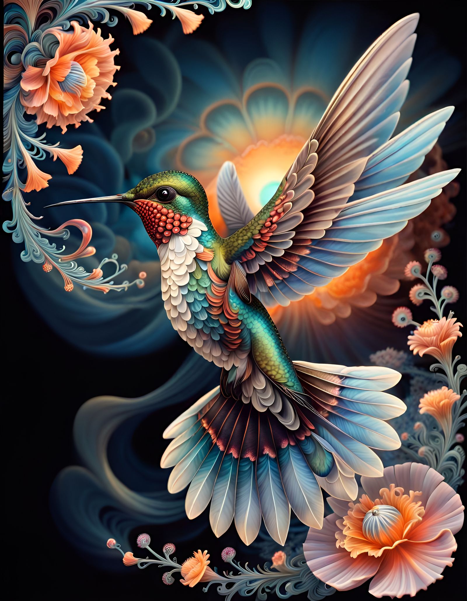 Hummingbird in Bioluminescent Garden, Ernst Haeckel Style