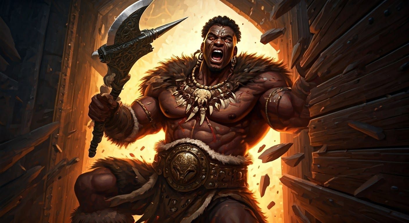 Fierce Barbarian Warrior Smashes Castle Door