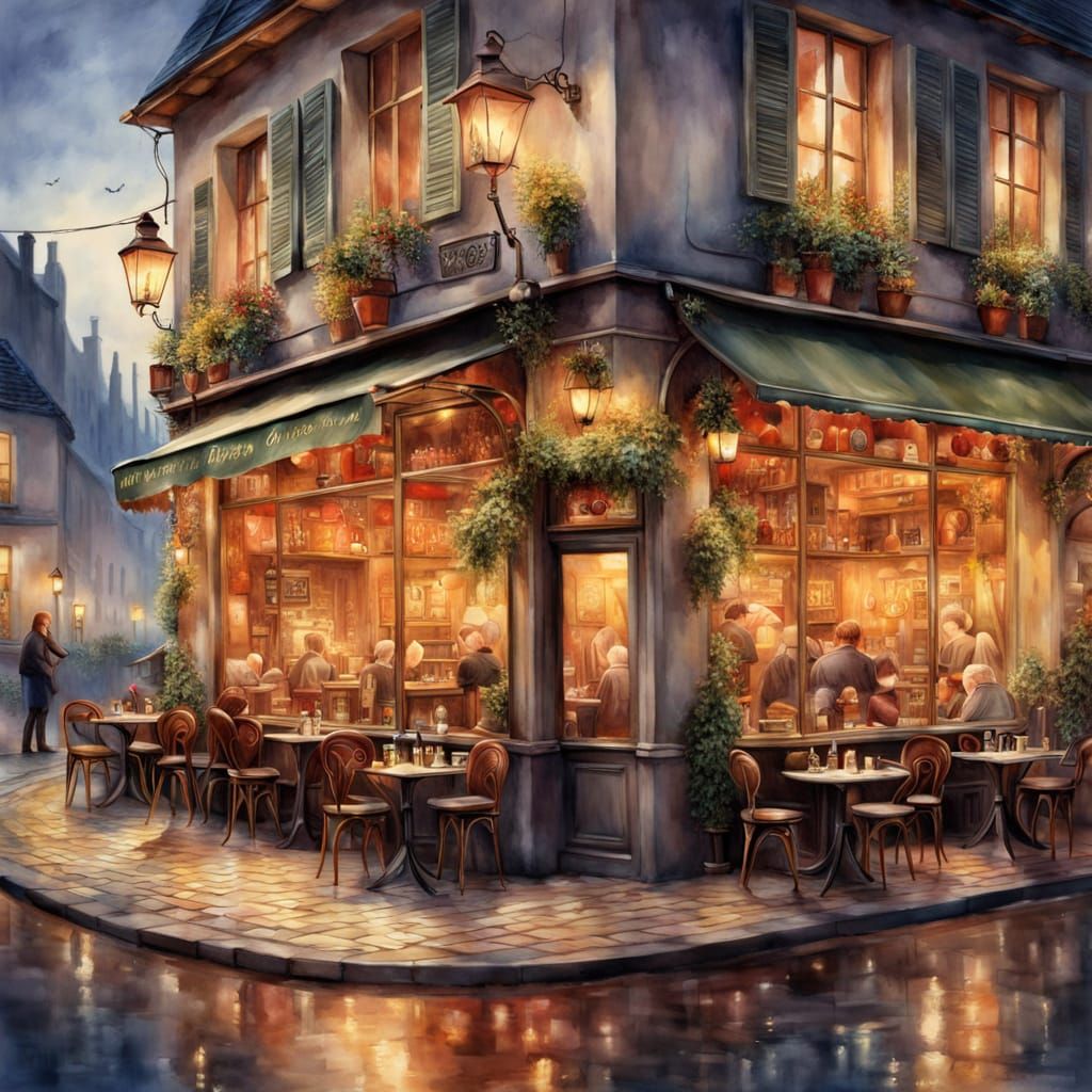 Cozy Belgian Bistro at Dusk Watercolor Painting
