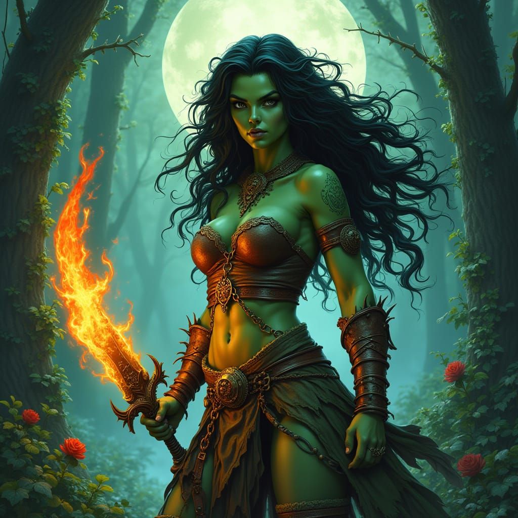 Ethereal Half-Orc Druidess Wields Flaming Scimitar Under Moo...