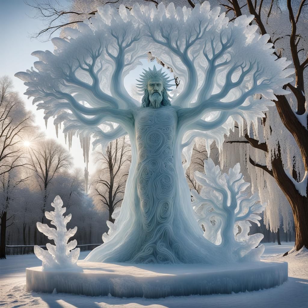 Ice Sculpture of Man Holding Giant Tree