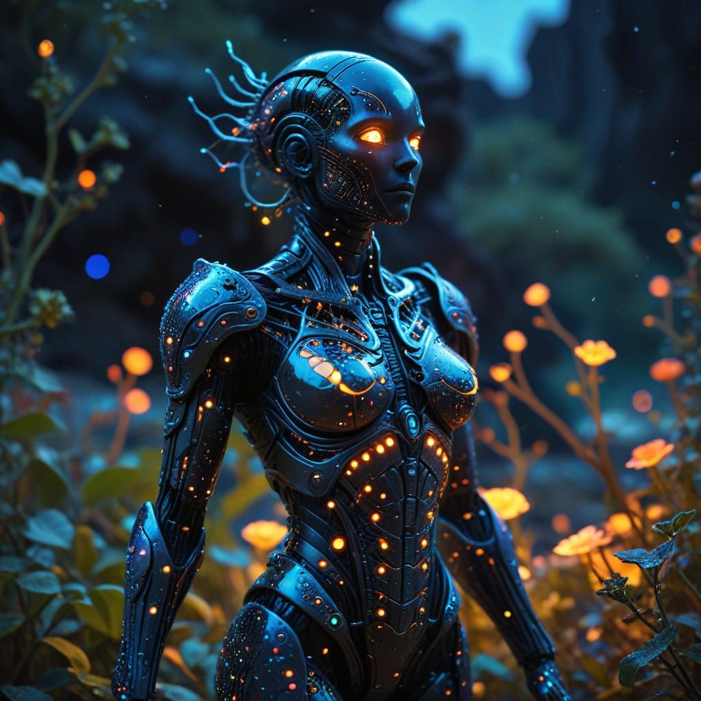 Automaton Tends Bioluminescent Garden on Alien Moon