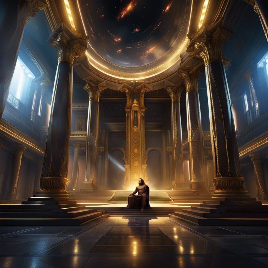 Zeus on Golden Throne in Galactic Hall