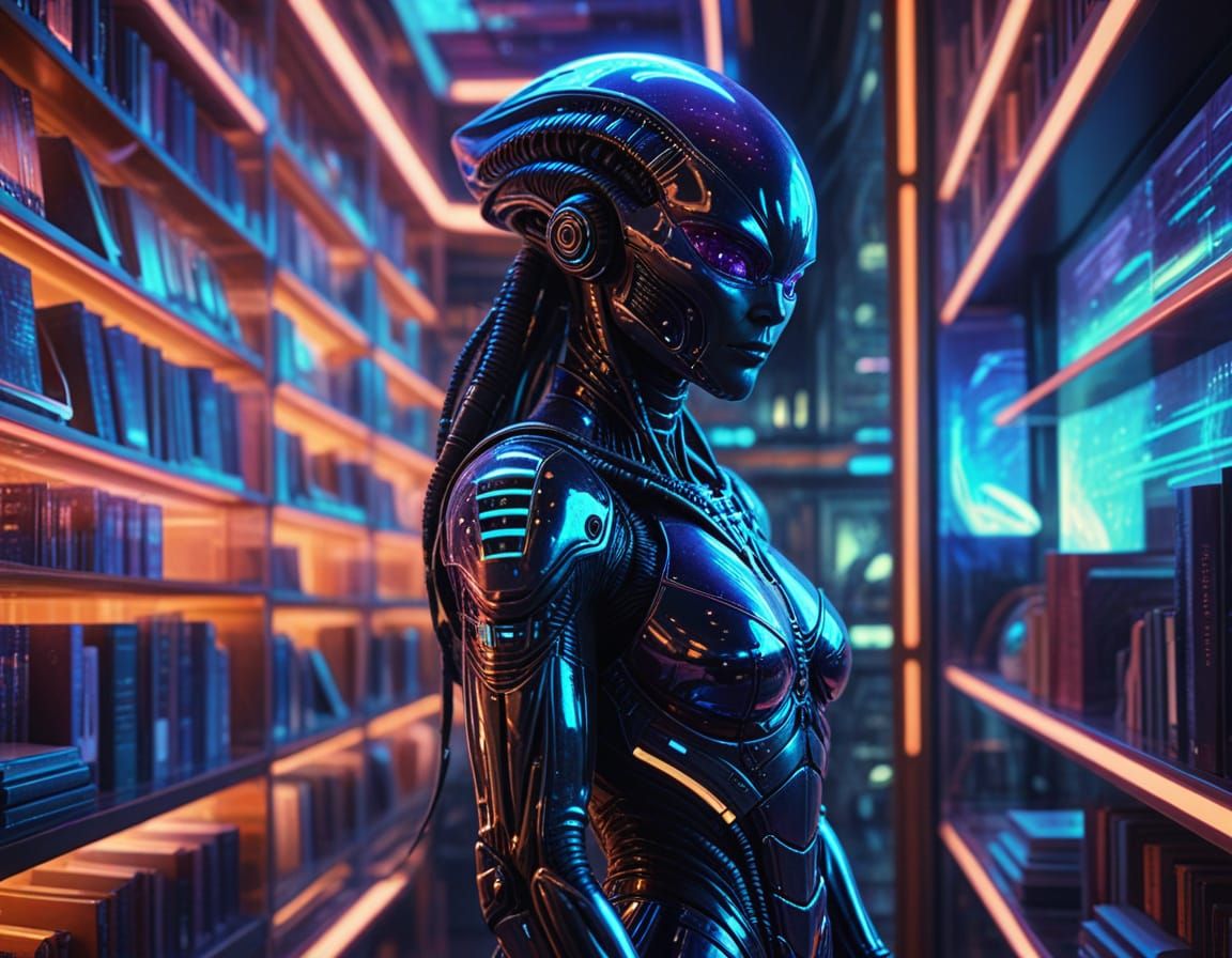 Alien Librarian in Retrofuturistic Holographic Library