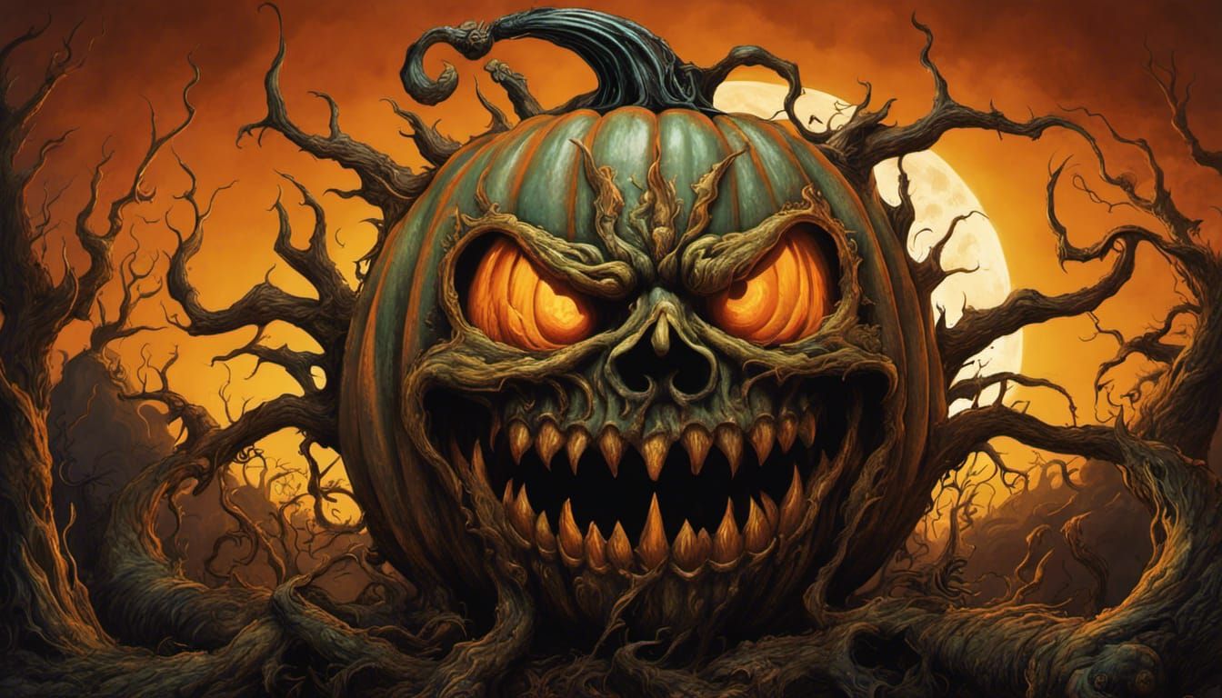 Scary Pumpkin King with Moldy Head in Halloween Horror