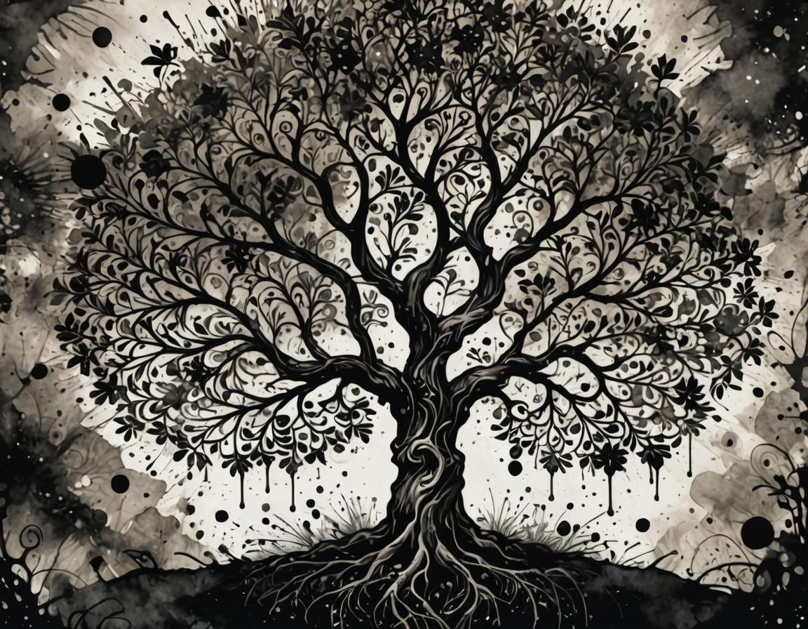 Ink Splatter Tree of Life in Minimalist Style