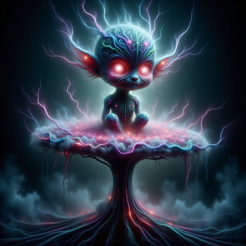 Chibi Ethereal Creature on Bioluminescent Mushroom