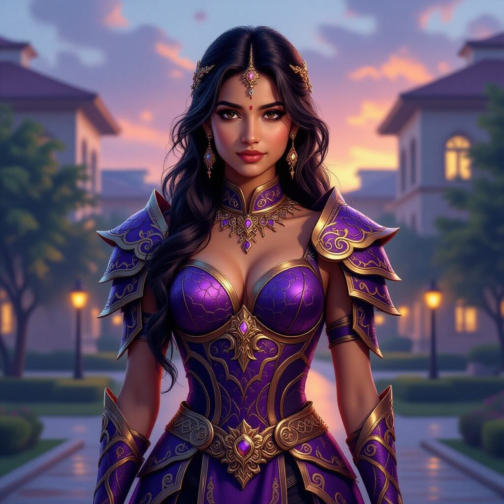 Indian College Girl in Dragon Armor at Dusk