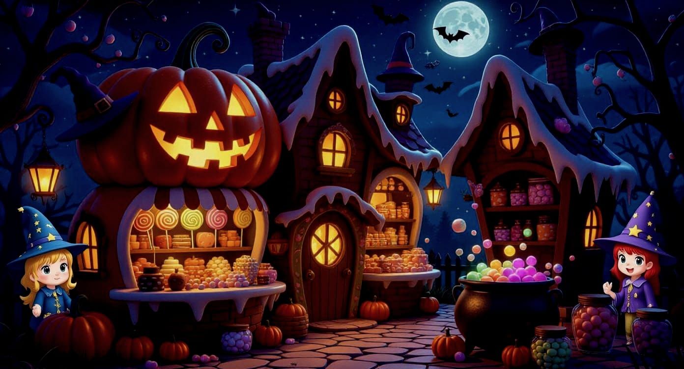 Whimsical Halloween Sweet Shop on Spooky Autumn Night