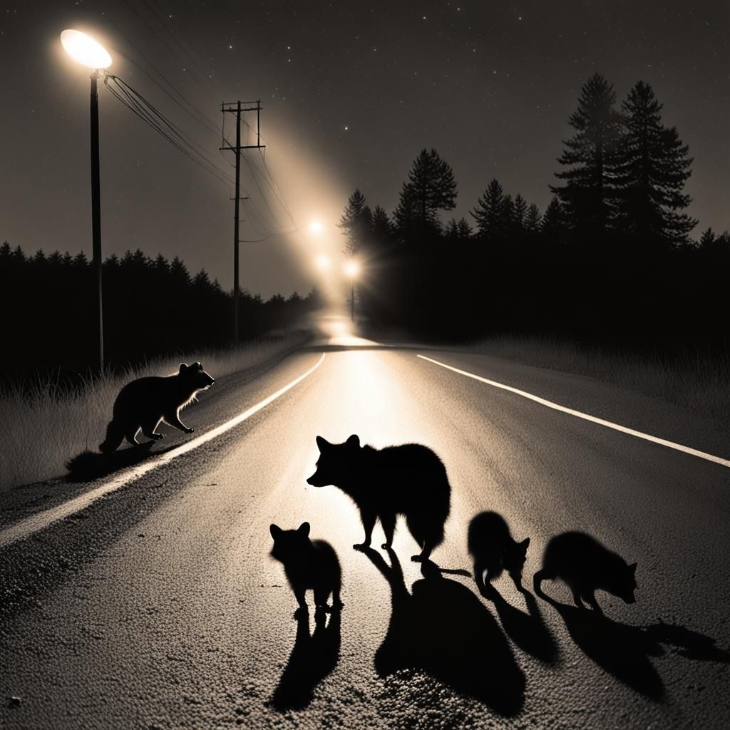 Silhouettes of Animals Crossing Road at Night