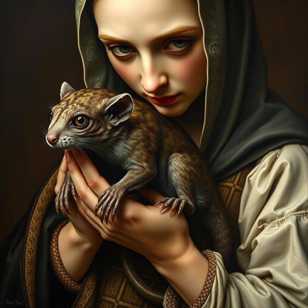 Surreal Lady with Eldritch Stoat: Oil Painting
