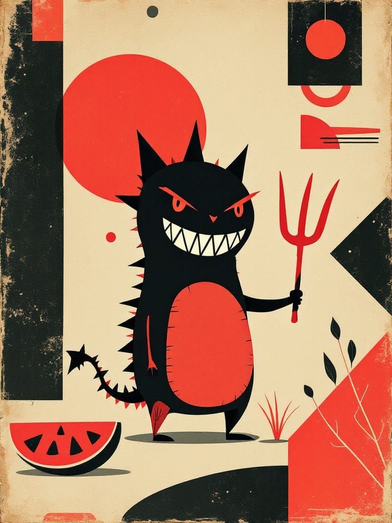 Mischievous Spiky Creature in Mid-Century Modern Style